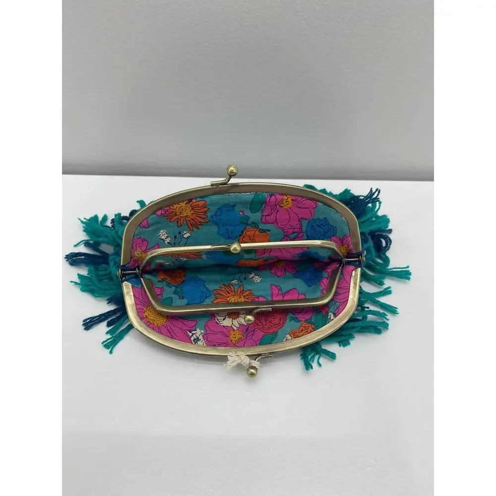Natural Life Coin Purse Blue Green Crochet Yarn Fringe Pouch Kisslock Artsy Boho